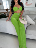 DAIIIBABYYY  -  Solid Slimming Two Piece Sets for Women Strapless Sleeveless Short Tops High Waist Spliced Metal Pants Chic Set Female New