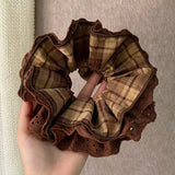 Daiiibabyyy  1PCPlaid Lace Scrunchie Vintage Brown Ruffled Double-layer Fabric Hair Tie Elegant Hair Accessory For Women Girl Daily Party Use