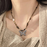 DAIIIBABYYY  -  National Style Color Beads Butterflies Necklace Female Temperament Thin Rope Collarbone Chain Adjustable Chain Jewelry