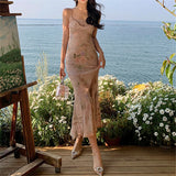 DAIIIBABYYY  -  Summer Sexy Print Chiffon Sleeveless Lace Long Dress for Women Sling Slim Romantic Office Lady Party Evening Dresses