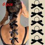 Daiiibabyyy  6 Pcs Ladies' Elastic Hair Bands Set Korean Silk Ribbon Bow Retro Jk Lolita Headwear Hair Ties High-quality Hair Accessories