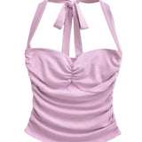 Daiiibabyyy  New Women's Fashion Sexy Backless Halter Neck Tie-up Ruched Tube Top Ultra-short Camisole Top In Solid Color Pure Desire F1MR