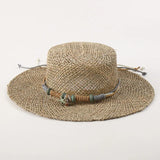 Daiiibabyyy  Sea Grass Summer Panama Hats for Women Sun Hat with Leather Shell Band Designer Flat Top Straw Fedora Hat Party Travel Beach Hat