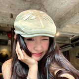 Daiiibabyyy  Women's Cute Hats Vintage Cool Style Floral Distressed Denim Wearing Newsboy Hats Upside Down Spring Summer Street Baseball Caps