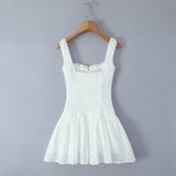 Daiiibabyyy  Sexy White Emboridery Flower Bow Ruched Chest Elastic Strap Mini Tank Dress Low Waist Spliced Folded Swing Women Sleeveless Robe