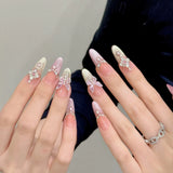 Daiiibabyyy  10pcs Handmade Press On Nails Almond 3D Crystal Butterfly False Nails Decor Glitter French Tip Fake Nails Elegant Blush Nail Art