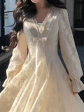 Daiiibabyyy  V Neck Lace Sweet Bow Dresses Women Flare Sleeve Temperament Robe Femme Vestidos De Mujer Tunic A-line Korean Maxi Dress