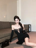 Daiiibabyyy  Hot Girls Short Party Dress Women Summer New Strapless Sheath Club Dress with Sleeves Hollow Out Lace Trim Mini Black Dresses