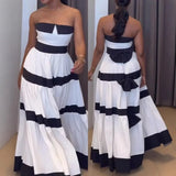 Daiiibabyyy  Summer Woman Dress Strapless Black And White Striped Dresses Tiered Skirt Maxi Dress Ruched Waist Evening Dress Back Bow Accent