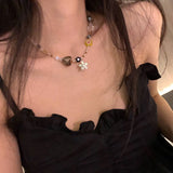 Korean Fashion Resin Flower Heart Necklace For Women Sweet Cute Rhinestone Irregular Geometrics Choker Chain Casual Jewelry Gift