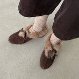 Daiiibabyyy  Retro Brown Satin Low Heel Pumps Women Fashion Bow Decorate Flat Loafers Autumn Winter Warm Fluffy Cotton Shoes Zapatos De Mujer