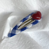 Daiiibabyyy  1PC Cute Blue And White Plaid Hair Clips With Red Heart Decor, 2 - Piece Sweet Hairpins, Lovely Hair Accessories For Girls