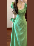 DAIIIBABYYY  -  French Bubble Sleeve Wave Point Green Dress For Women Summer New Seaside Vacation High Waist Temperament Long Style Dresses