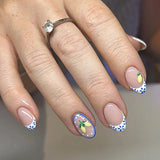 Daiiibabyyy  24Pcs French White Gradient Almond Press on Nails Flower Pattern False Nails with 3D Rhinestone Design Fake Nail Art