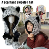 Daiiibabyyy  Fashion Animal Shape Scarf Hat Leopard Print Faux Fur Winter Warm Shawls Hooded Caps Fluffy Plush outdoor warm Ski Hat Gorras