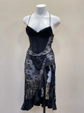 Daiiibabyyy  Sexy Black Lace High Waist Nightgowns Side Split Suspender Dress Design Sense Spice Girl Skinny Slim Perspective Long Nightdress