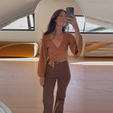 Daiiibabyyy  Solid Floral Hollow Out Women's Top Full Sleeve V Neck Crop T Shirt Casual Lace Up Slim Fit Blouses New Lady Summer Tops