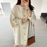 DAIIIBABYYY  -  New Solid Color Versatile Simple Round Neck Single Breasted Loose and Gentle Shoulder Sleeves Mid Length Skirt