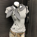 Daiiibabyyy  New American Retro Vintage Irregular Short Sleeved T-shirt Millennial Y2k Vintage Checkered Navy Collar Top