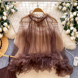 Daiiibabyyy  New Korean 2 Piece Sets See Through Ruffled Cropped Blouse + Sexy Solid Vest Suit Roupas Femme Fashion Solid Color Y2k Outfits