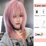DAIIIBABYYY  -  Fashionable Short Straight Pink Fringe Wig Women's Layered Hair Full Head Covering Elegant Chignon Hair Extension