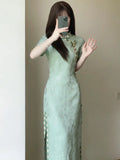DAIIIBABYYY  -  Women Green Cheongsam Elegant Daily Improved Qipao Summer Young Girls Modern Chinese Dress Long Dresses