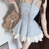Daiiibabyyy  Women Sweet Blue Plaid Dress Sexy Backless Spaghetti Strap Slip Dress Summer Preppy Style Pleated Layered Mini Party Vestidos