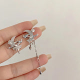 Daiiibabyyy  Asymmetric White Moonstone Earrings for Women Rhinestone Tassel Chain Y2K Jewelry Party Simple Star Moon Chinese Jewelry Gifts
