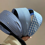 DAIIIBABYYY  -  Blue-gray plaid wide version headband sweet and fresh denim blue hairpin bag head going out daily versatile hairhoop