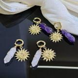 Daiiibabyyy  Retro Bohemian Natural Stone Hexagonal Prism Pendant Sun Ear Buckle Chic Vacation Style Fashion Earrings Jewelry For Women