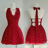 Daiiibabyyy  French Sexy Sweet Elegant Red Dress Women Cute Bow Design Y2k Halter Neck Dress American Retro Beach Style Birthday Party Dress