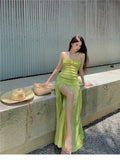 DAIIIBABYYY  -  New Summer Long Strapless Holiday Dress Women Fashion Sexy Hollow Sexy Split Green Dress Seaside Resort Vacation Beach Dress
