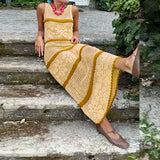 DAIIIBABYYY  -  Vestidos Sexy Crochet Hook Knitted Dress Woman O-Neck Striped Print Hollow Long Dress 2025 Summer Sleeveless Holiday Beach Dress