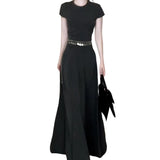 Daiiibabyyy  New French Grey Short Sleeved Dress Women's O-Neck Wear Summer New Style High End Collection Waist Style Ankle-Length Dresses