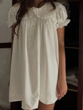 Daiiibabyyy  Sweet Summer Temperament Loose All Match Solid Peter Pan Collar Puff Sleeve Ruffles Dresses