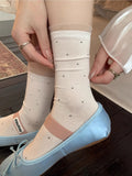 Daiiibabyyy  Fashion Women's Ballet Style Lace Edge Mid Tube Socks Spring Summer Sweat Absorbing Breathable Polka Dot Pattern Casual Socks