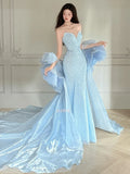 Daiiibabyyy  Luxury Blue Evening Dresses for Women Beaded Wedding Guest Mermaid Sweep Train Celebrity Dress Sequin Crystal vestidos de gala