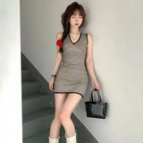 DAIIIBABYYY  -  Pure Sexy Lace Edge V-neck Dress Women's Summer Plaid Patchwork Slim Sleeveless Hip Wrap Short Dress Fashion Female Clothes