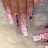 Daiiibabyyy 24Pcs Wearable Press on Nails Long Coffin Ballet False Nails Gradient White Flower Design Fake Nails with Rhinestone Nail Tips