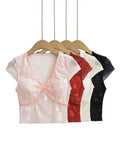 DAIIIBABYYY  -  Spicy Girl Retro Mesh See-through Bow V-neck Flying Sleeves T-shirts Women's Summer Pure Desire Style Butterfly Pullover Tops