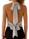 Daiiibabyyy  Women s Glittering Sequin V-Neck Sleeveless Crop Top Shimmering Backless Party Blouse with Halter Neckline