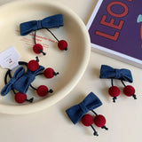 Daiiibabyyy  Cowboy Fabric Bow Cherry Hair Clip Korean Style Cute Trendy Unique Clip Ponytail On The Side of The Bangs Headband Accessories
