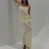 Daiiibabyyy  Women's Sexy Sleeveless Mesh Patchwork Solid Gowns Fashion Hight Waist Vacation Long Dress Elegant Off Shoulder Suspenders Dress