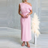 Daiiibabyyy  Off Shoulder Dresses Fashion Women's Diagonal Collar Lace Up A-line Dress Casual Solid Color Sleeveless Party Long Dress
