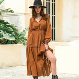 Daiiibabyyy Lantern Sleeve Flippy Hem Dress V-neck long sleeve spring summer dress new maxi boho dress women