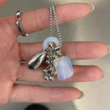 Daiiibabyyy  Natural Stone Necklace with Water Droplet Pendant for Women Adjustable Long Sweater Chain