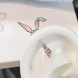 Daiiibabyyy  1Pcs Cute Pink Rabbit Ear Stud Y2K Zircon Artistic Sweet Design Unique Exquisite Beautiful Ear Bones Earrings Women's Jewelry