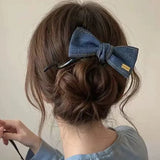 Daiiibabyyy  New Retro Denim Bow Hair Clips for Women S-Shaped Exquisite Sweet High Ponytail Twist Clip Casual Hair Accessory