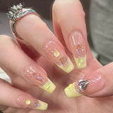 Daiiibabyyy 24Pcs Yellow French Fake Nails Long Coffin False Nails with Rhinestones Detachable Ballerina Full Cover Nail Tips Press on Nails