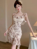 DAIIIBABYYY  -  New Print Mesh Ruffled Sling Short Dress Summer Elegant Casual Beach Style Dress Women Korean Fashion Bodycon Evening Dress